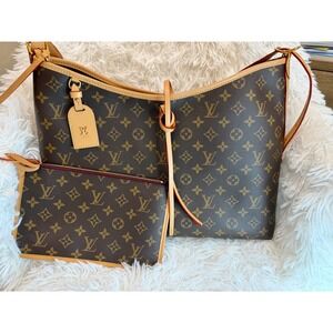 Louis Vuitton Carry All MM Monogram Canvas Hobo Bag with Pouch Brown